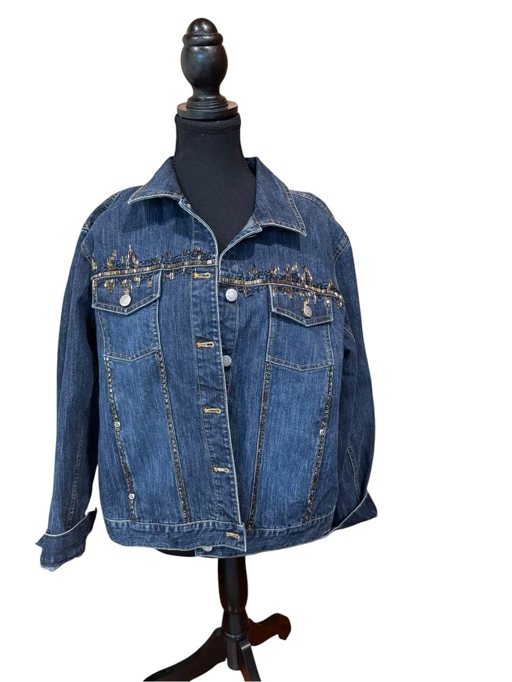 Chico's Vintage Denim Jacket in Dark Blue with Embellished Accents